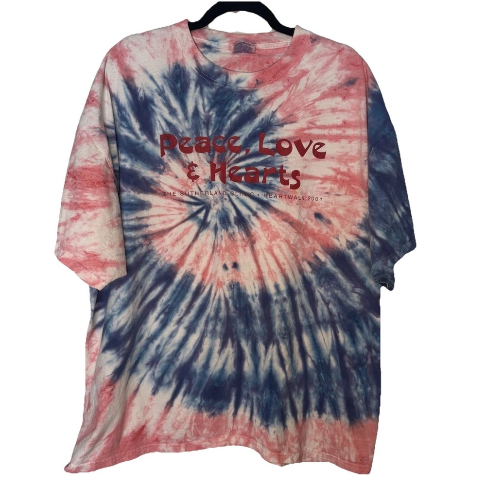 Vtg Y2K Peace Love Heart Graphic Tie Dye T-Shirt 100% Cotton Hippie Boho 2XL